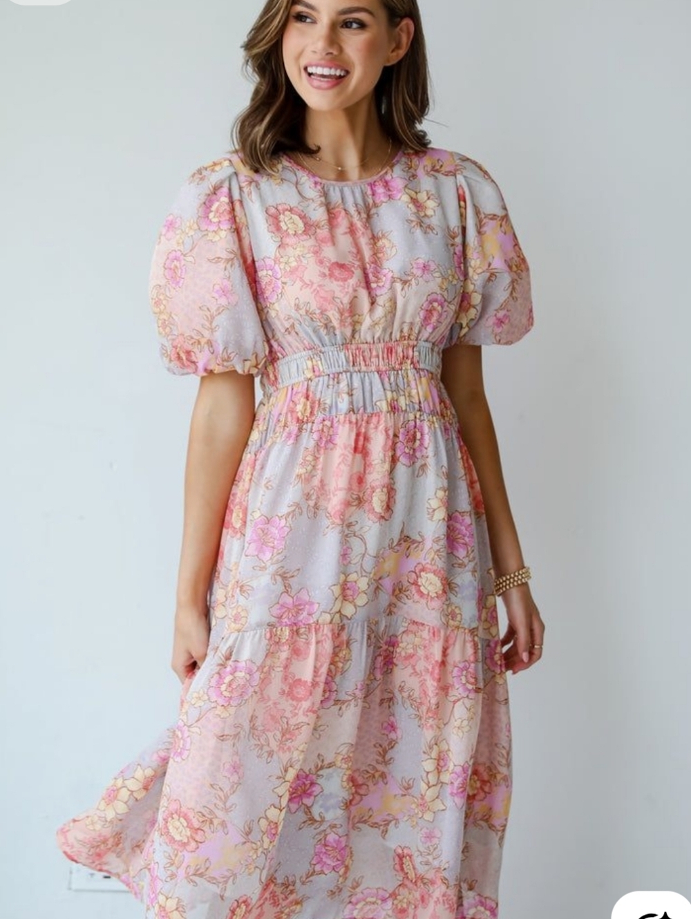 Floral Puff-Sleeve Midi Dress - Pink Floral